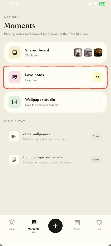 Twain Moments screen — shared board, love notes, wallpaper studio