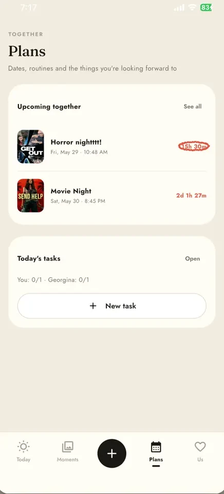 Twain Plans screen — upcoming dates with countdowns
