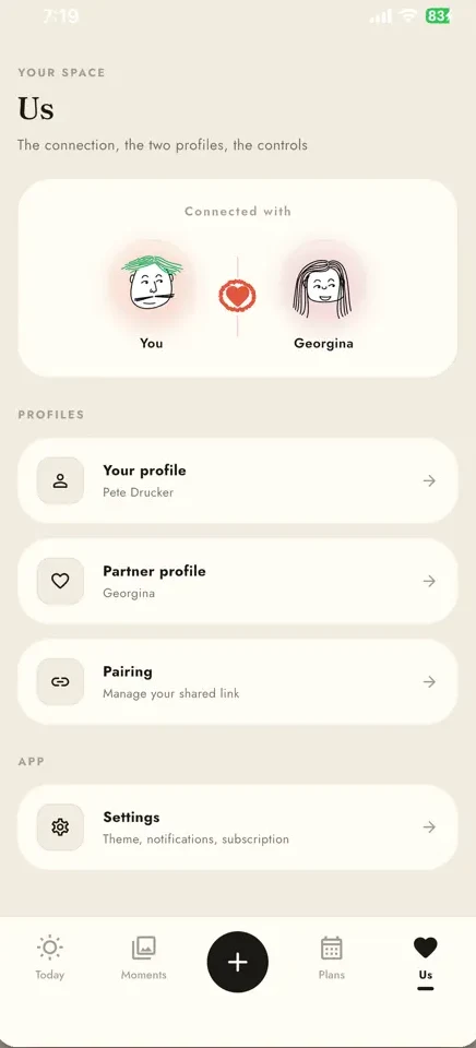 Twain Us screen — your pair, profiles and settings
